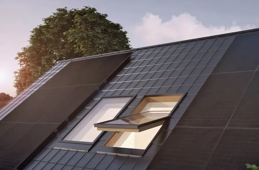 Dach mit schwarzen Solarmodulen und Dachfenstern